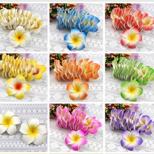 10-100 piezas de 6 cm de flores hawaianas falsas de plumeria, muchas cabezas de flores de frangipani de espuma artificial, decoraciones para fiestas de bodas en la playa, pinzas para el cabello