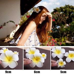 May include: Three white and yellow plumeria flower hair clips in different sizes: 9 cm, 6 cm, and 5 cm.