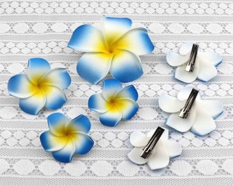 10/100Pcs Blue Foam Hawaiian Plumeria Flower HairClips Bridal Wedding Party Beach Frangipani Hairpin 3Size Ear Flower