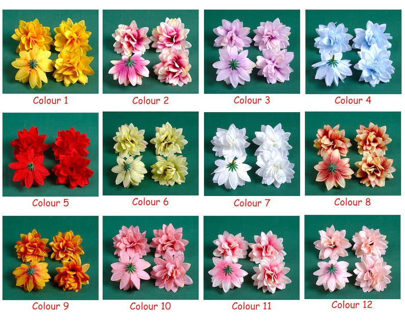 Puede incluir: Doce colores diferentes de cabezas de flores artificiales, cada una con cinco p&eacute;talos. Las flores est&aacute;n dispuestas en filas de cuatro, con cada fila etiquetada con un n&uacute;mero de color.