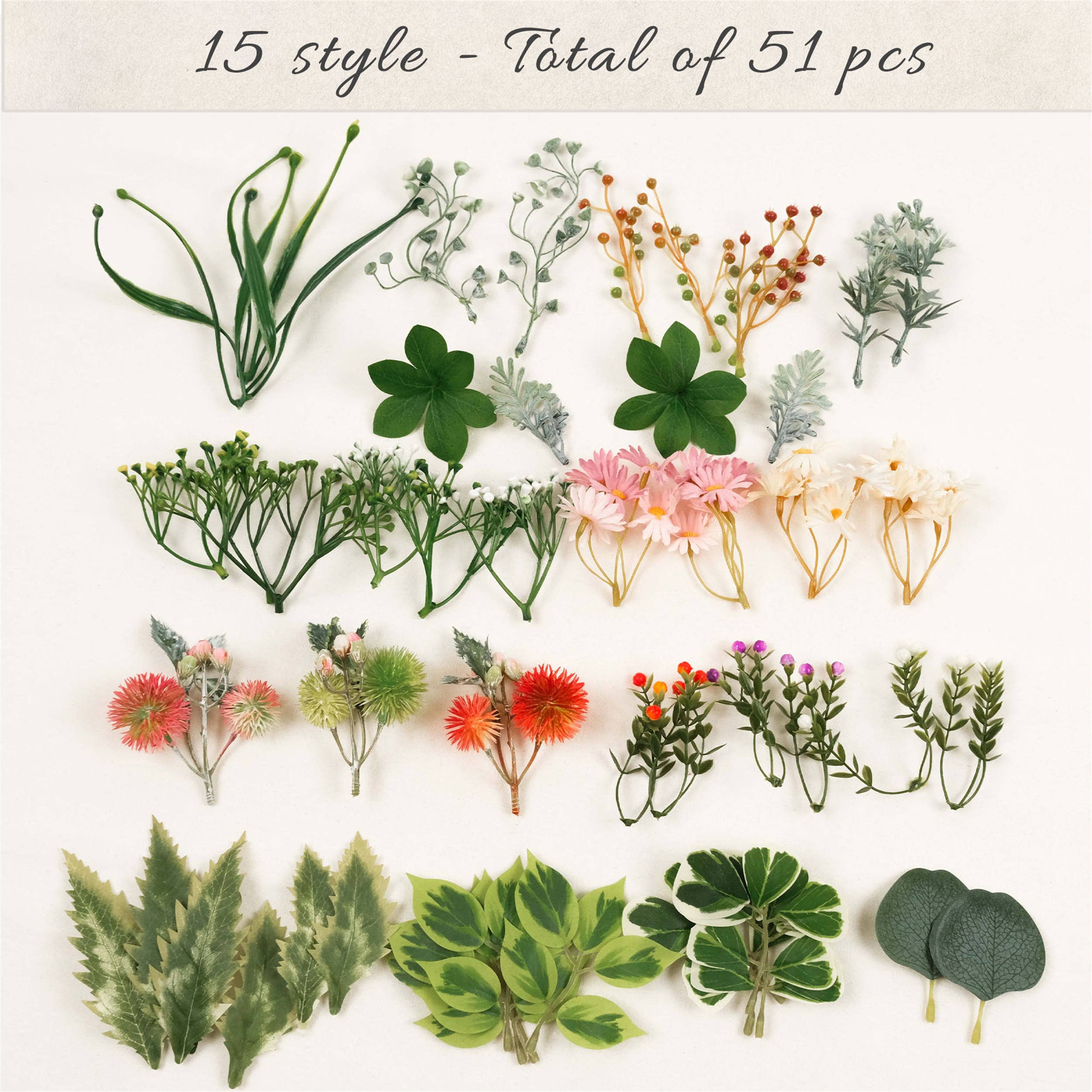 51PCS Green Leaf Small Flower Filler Combo Set 1pack Loose Greenery for ...
