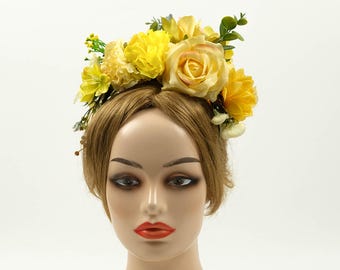 Yellow Flower Headband - Fake Flower Rose Headband - Boho Floral Crown Floral Headpiece -Traditional Mexican Accessories,wedding hairband