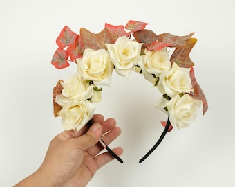 Double-sided Cream Rose Flower Headband Women's Bohemian Rose Flower Crown Wedding Headband Unique Rose Bridal Crown Wedding hair accessory