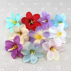 Puede incluir: Surtido de diez flores artificiales en varios colores, incluyendo rojo, morado, azul, blanco y amarillo. Las flores tienen cinco pétalos cada una y están hechas de un material suave similar a la tela.