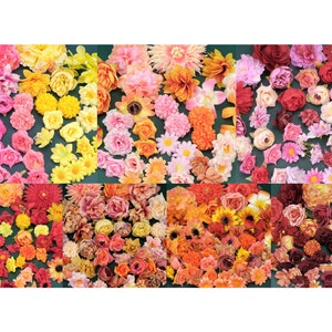 May include: Assortment of artificial flowers in various shades of pink, red, orange, and yellow. The flowers are arranged in a grid pattern, with each square containing a different type of flower.