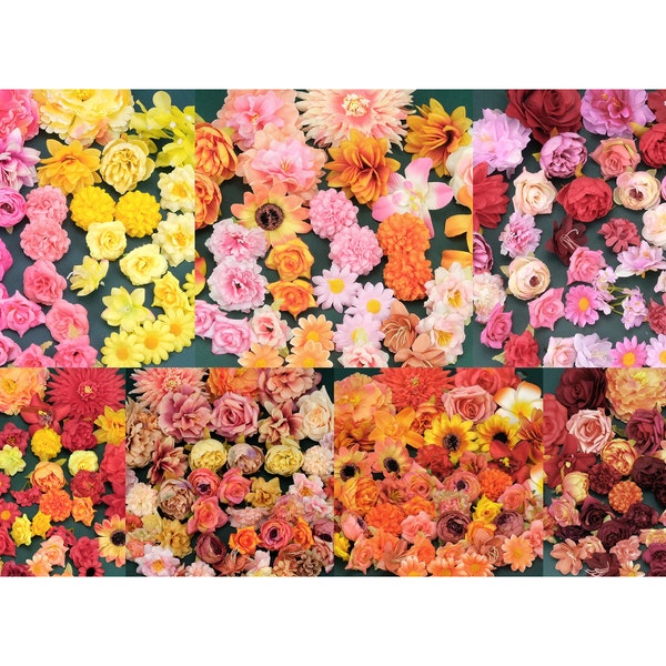 Ensemble combiné de têtes de fleurs artificielles en soie de couleur chaude - Pack de matériel de fleurs DIY pour Bourgogne vintage Jaune Orange Brun Rose Corail Fuchsia