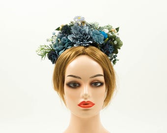 Blue green flowers Headband - Double-sided wearable Artificial silk flowers Headband - Everyday Hair Accessories -Mexican Flower Crown