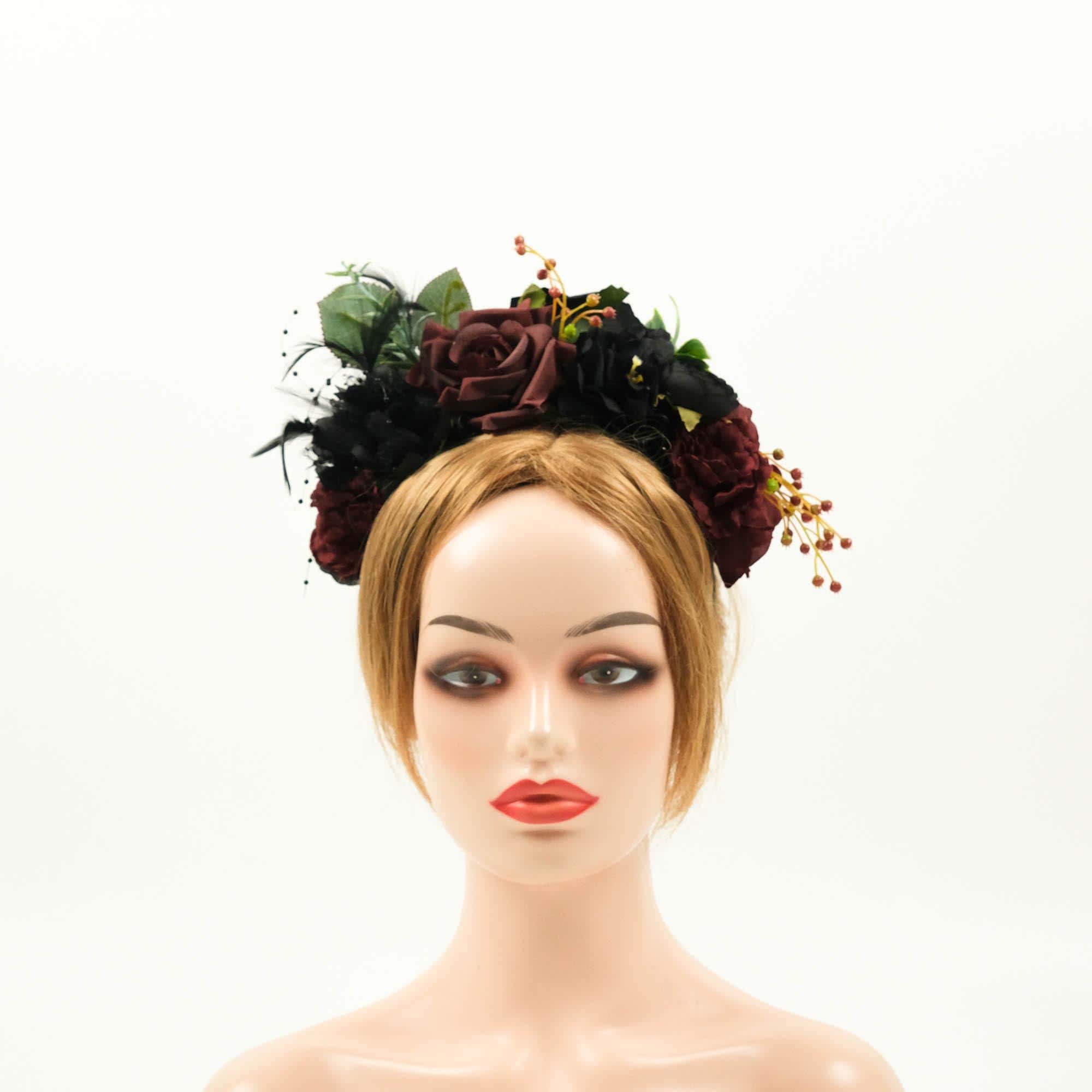 Black Rose Flower Headband - wedding hairband - wedding crown Mexican Day of the Dead Halloween wedding - Artificial Silk Flower headband