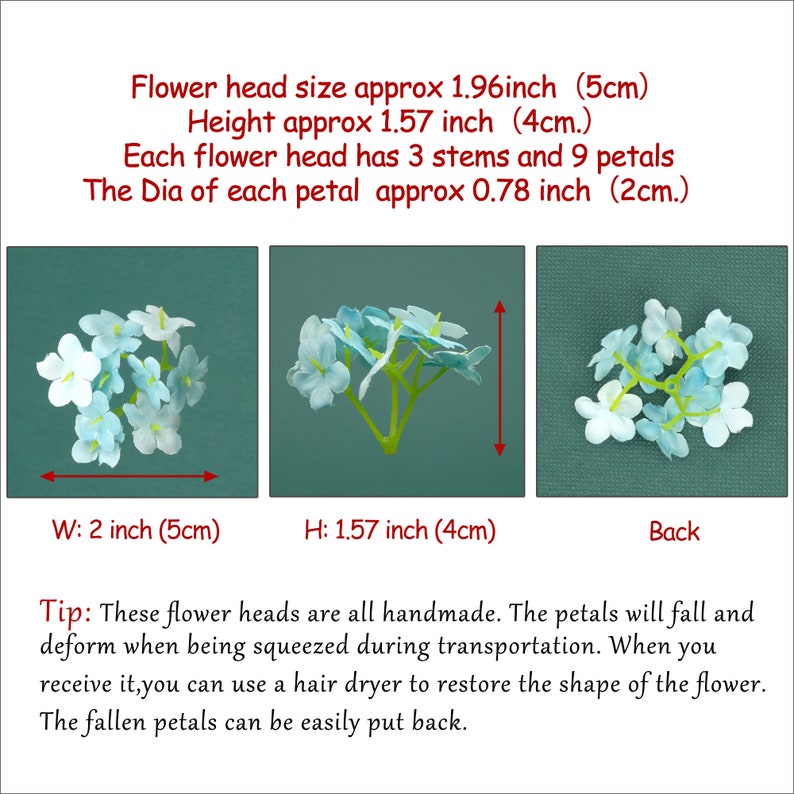 May include: A close-up of three artificial flower heads with light blue petals and green stems. The flower heads are approximately 2 inches wide and 1.57 inches tall. The text "W: 2 inch (5cm)" and "H: 1.57 inch (4cm)" is visible below the flower heads.