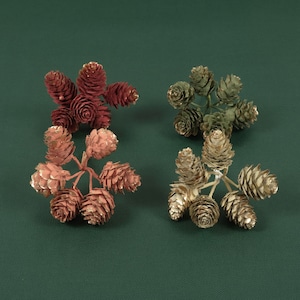 Può includere: Quattro set di rametti di pigne artificiali. Due set sono rossi e marroni, e due set sono dorati e marroni.