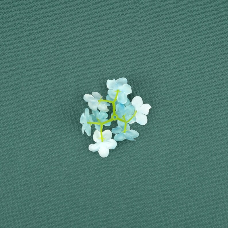 May include: A cluster of light blue flowers with green stems against a dark green background.