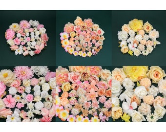 1P Thème de couleur macaron – Combo de têtes de fleurs artificielles en soie – Pack de matériel pour kit de fleurs DIY, décoration faite à la main, rose, blanc, fausse fleur douce