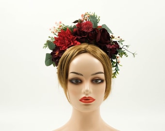 Burgundy Rose Flower headband - Artificial Silk Flower headband - Flower crown with roses,Rustic Wedding, Floral Halo,Headband Hair Festival