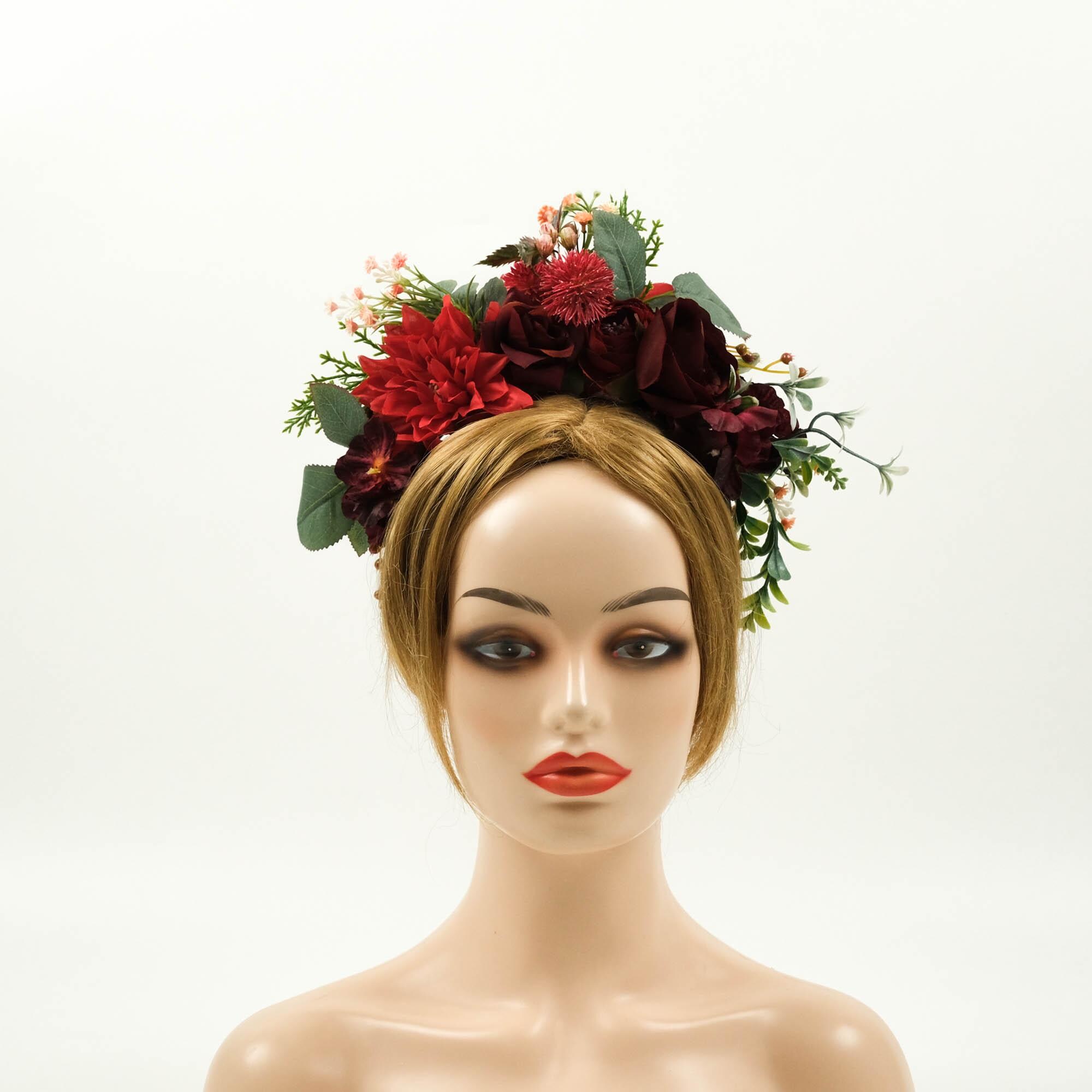 Burgundy Rose Flower Crown Floral Headband Wedding Festival Costume Accessory Rose Flower Crown Headwear Girls main image 2