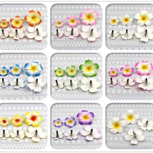 May include: Set of nine hair clips featuring different colored plumeria flowers. Each clip has a white base and a flower with a different color center. The colors include pink, yellow, blue, green, purple, and white.