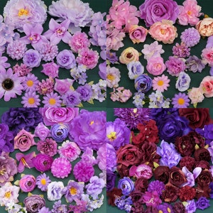 Conjunto combinado de cabeza de flor de seda artificial púrpura fucsia - Paquete de materiales para decoración hecha a mano Arte de la pared Carta floral DIY Kit de flores Flor de imitación