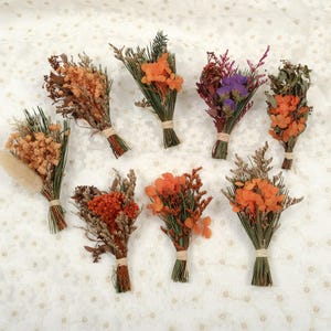 Può includere: Una collezione di otto piccoli bouquet di fiori secchi. I bouquet presentano una varietà di colori, tra cui arancione, marrone e viola. Ogni bouquet è legato con spago. I fiori sono disposti su una superficie bianca a motivi.