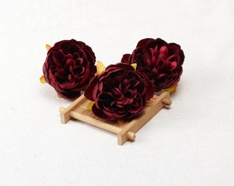 50 unidades de 2,36 pulgadas de peonía burdeos de seda artificial, cabeza de flor para boda, pared de flores, corona de bricolaje, caja de regalo, decoración, flores falsas, manualidades hechas a mano