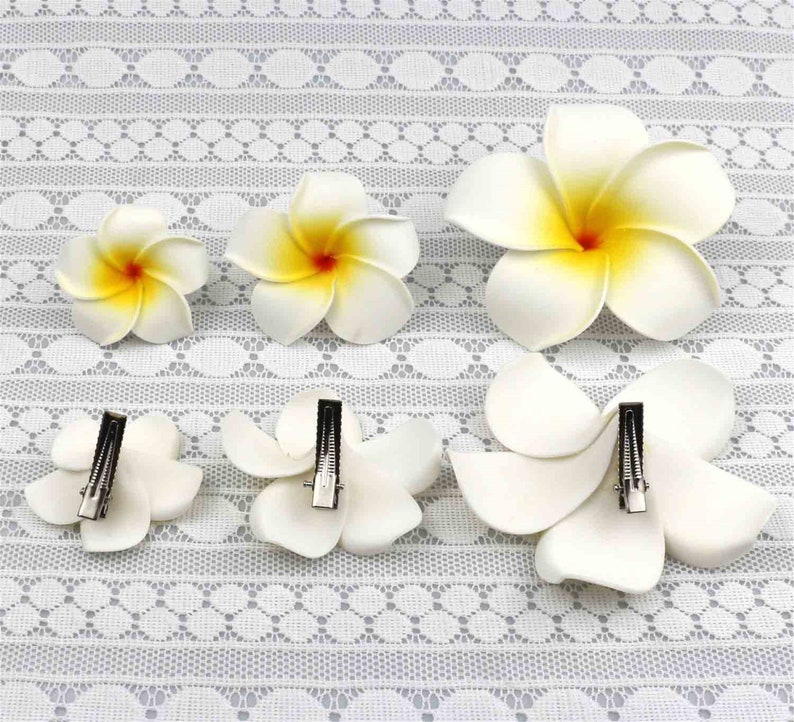 May include: Six white plumeria flower hair clips with yellow centers. The clips are arranged in two rows on a white lace background.