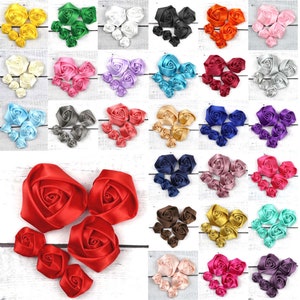 50 Stück Satinband Rose Blume Headmade Band Blume für Hochzeit Brautstrauß, Baby Stirnband DIY Handwerk Applikation 3Size