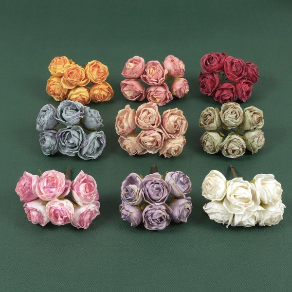 Small Dry Look Silk Rose on Wire Stem 9Colors Artificial Silk Flower Head  Branch For DIY Crafts Bouquets Crown Wreath Decor Faux Ranunculus