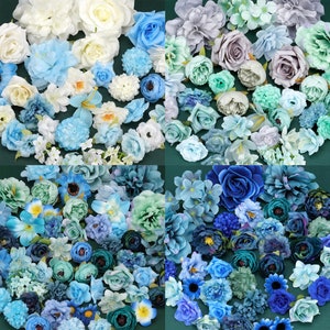 Blue Artificial Silk Flower Head Combo Set - DIY Flower Material Pack for Bouquet Headband Flower Crown Wreath Flower Mural HairClip Decor