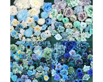 Various Blue Artificial Silk Flower Head Combo Set - DIY flower Material Pack for Bouquet Headband Flower Crown Wreath Flower Mural HairClip