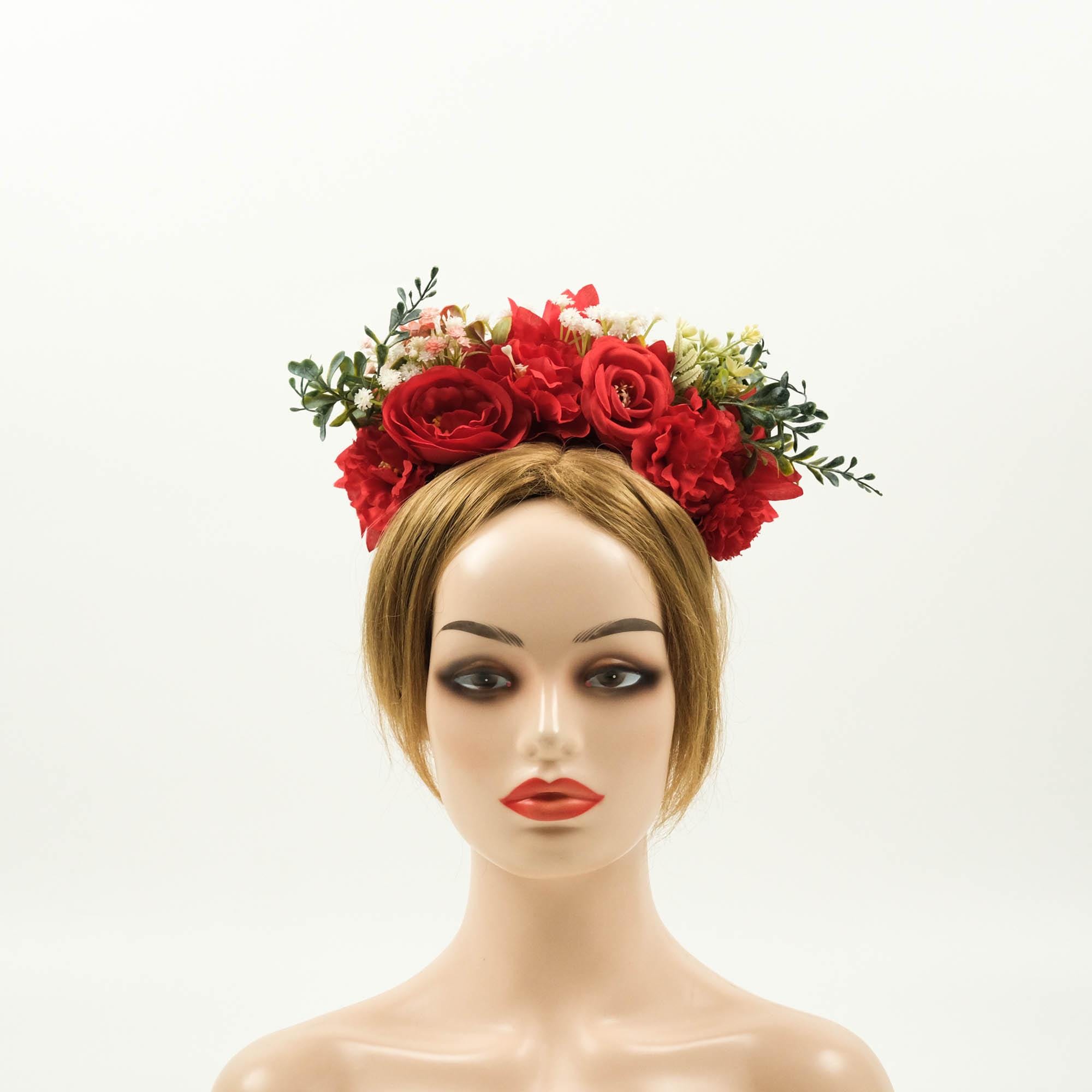 Red Rose Flower Headband - Artificial Silk Flower headband - Flower crown with roses,Rustic Wedding, Floral Halo,Mexican Hairpiece