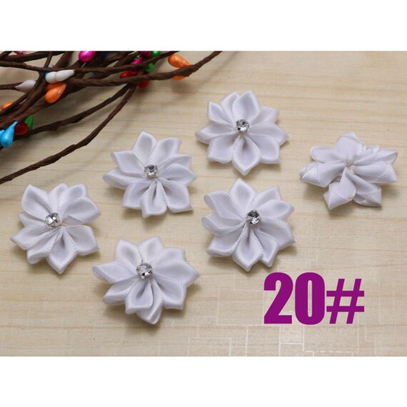 HK 10Pcs Upick Satin Ribbon Flowers Bows Rhinestone Appliques Craft Wedding Nov