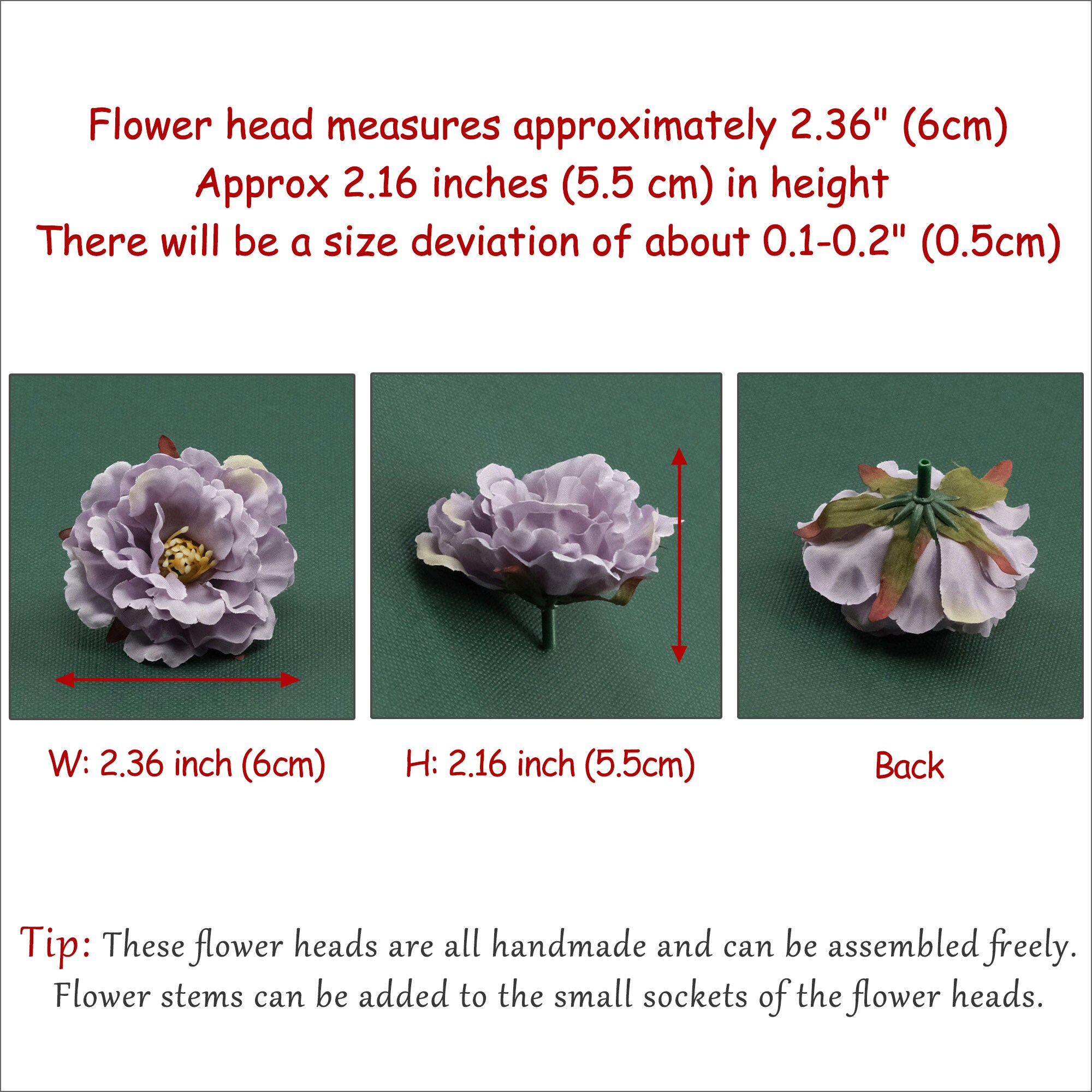 2.36'' Peony Artificial Silk Flower Head - 12colors Fake Flower for DIY ...