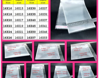 Puede incluir: Bolsas OPP transparentes con tiras adhesivas, mostradas en varios tamaños rectangulares. Una regla metálica se coloca junto a las bolsas para mostrar las dimensiones. Una tabla muestra los tamaños en centímetros, desde 16x16 hasta 16x57.