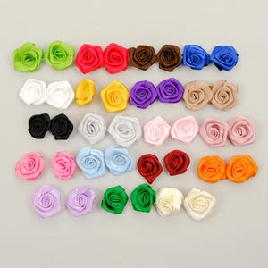 Peut inclure: Une collection de petites roses en satin de différentes couleurs, dont vert, rouge, marron, bleu, blanc, jaune, violet et rose. Ces fleurs décoratives sont disposées en rangées soignées, parfaites pour les projets d'artisanat.
