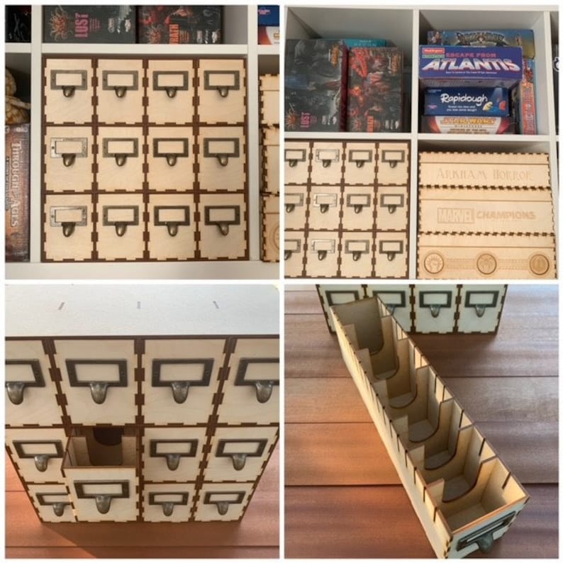 May include: A set of wooden drawer organizers with metal pulls. The drawers are arranged in a grid pattern and are labeled with blank labels. The organizers are perfect for storing small items like beads, buttons, or craft supplies.