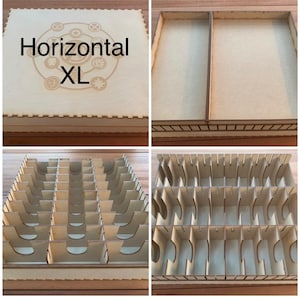 May include: A wooden box with a lid that says "Horizontal XL" on the top. The box is divided into multiple compartments for organizing small items.