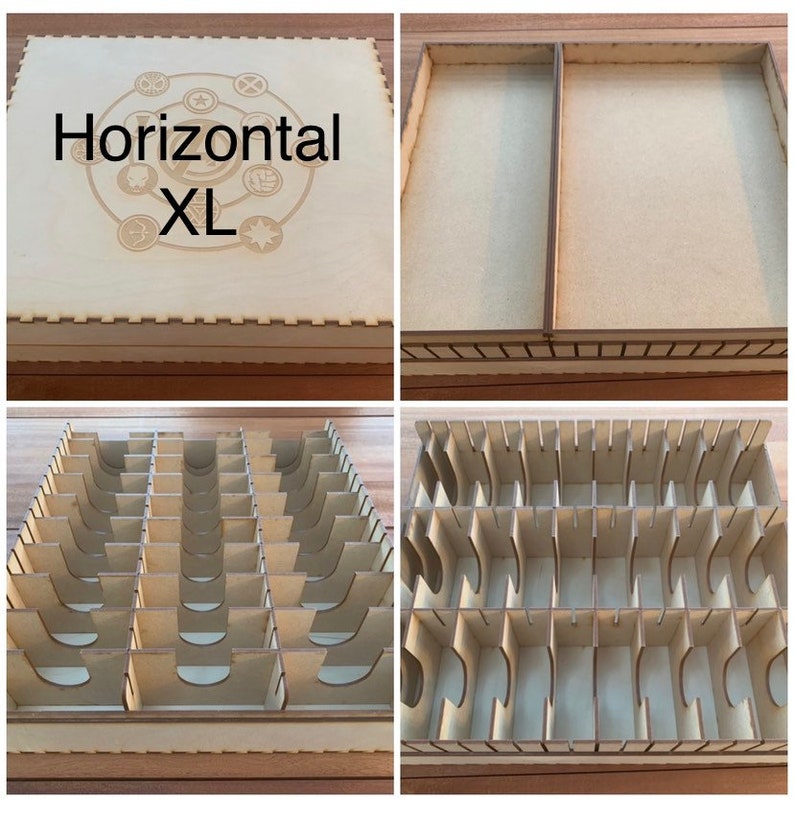 May include: A wooden box with a lid that says "Horizontal XL" on the top. The box is divided into multiple compartments for organizing small items.