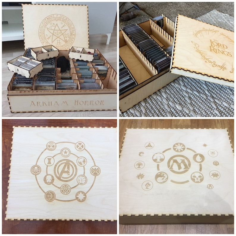 May include: Four wooden game storage boxes with engraved lids. The lids feature the logos for Arkham Horror, The Lord of the Rings, Marvel's Avengers, and Magic: The Gathering.