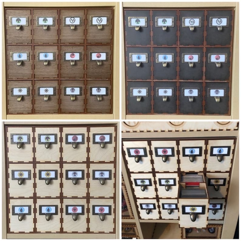 May include: A wooden storage cabinet with 18 drawers, each with a different symbol on the front. The cabinet is made of light wood and has a natural finish. The symbols on the drawers include a tree, a star, a circle, and a square.