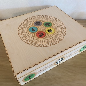 May include: A wooden box with a decorative design featuring five symbols in a circle. The symbols are a drop of water, a skull, a tree, a sun, and a flame. The box is made of light wood and has a natural finish.