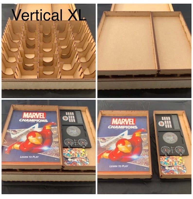 May include: A wooden game organizer for the Marvel Champions board game. The organizer has compartments for cards, tokens, and other game components. The organizer is labeled "Vertical XL".