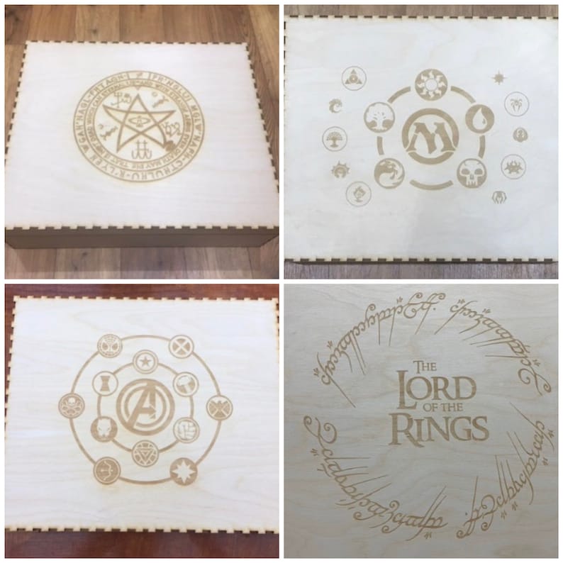 May include: Four wooden boxes with different engraved designs. The first box has a five-pointed star with a circle around it. The second box has a circle with a star in the center and other symbols around it. The third box has a circle with a star in the center and other symbols around it. The fourth box has a circle with the words "The Lord of the Rings" in the center and a circle of text around it.