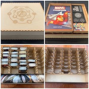 May include: A wooden box with a custom engraved design featuring the Marvel Champions logo and various Marvel characters. The box includes a divider for organizing game components, including cards, tokens, and rulebooks.