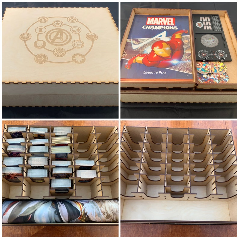 May include: A wooden box with a custom engraved design featuring the Marvel Champions logo and various Marvel characters. The box includes a divider for organizing game components, including cards, tokens, and rulebooks.
