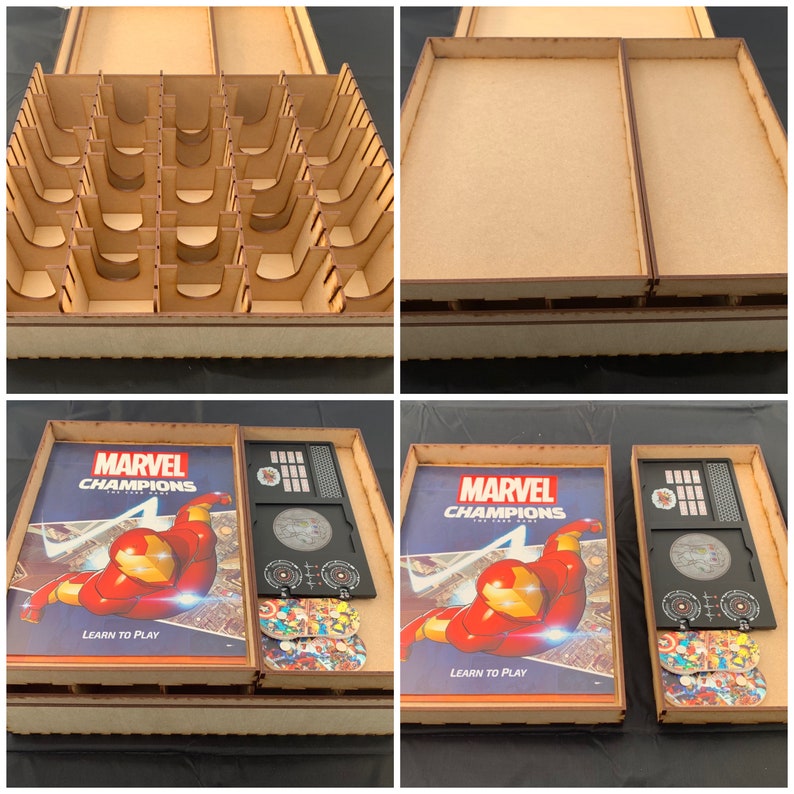May include: A wooden game organizer for the Marvel Champions: The Card Game. The organizer has compartments for cards, tokens, and other game components. The organizer is shown with the game's rulebook and other components.