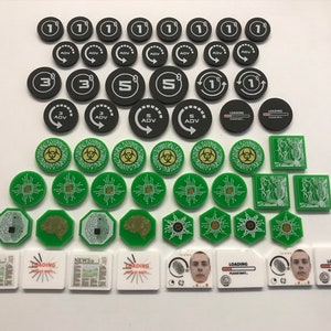 Token set compatible with Netrunner card game. Full colour printed on acrylic.