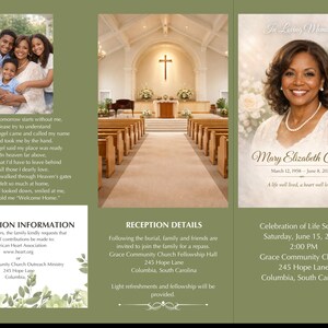 May include: A tri-fold funeral program in olive green featuring a portrait of Mary Elizabeth Carter, a photo of a family, and an image of a church interior. The text includes memorial details, donation information, and reception logistics.