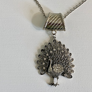 Silver Tone and Rhinestone Peacock  Pendant  Necklace