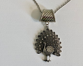 Silver Tone and Rhinestone Peacock  Pendant  Necklace