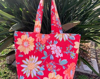 Vibrant Red Floral Big and Bold  Reversible Market Tote Summer Beach Bag