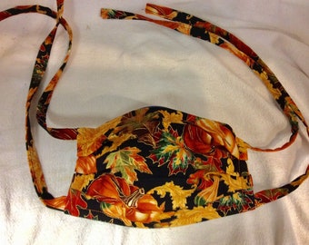 Face Mask with Filter Pocket  Washable Made in USA Nose Wire Autumn Leaves and Pumpkins  Fall Print