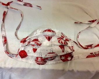 Face Mask With Filter Pocket Washable Made In USA Nose Wire Red and Silver Winter Holiday Ornaments Print